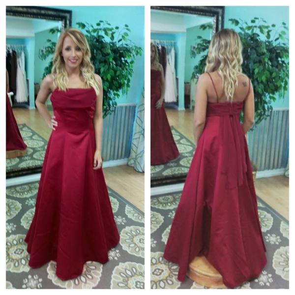 A beautiful deep red bridesmaid dress.
