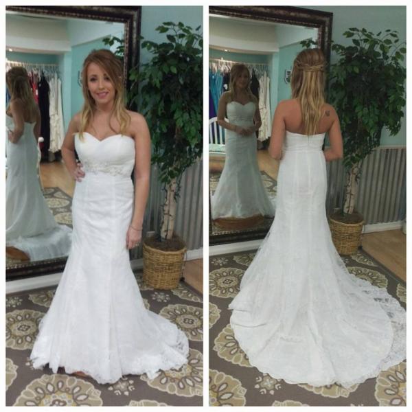 Lace wedding gown with beaded belt