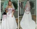 Wedding gown with red floral embroidery