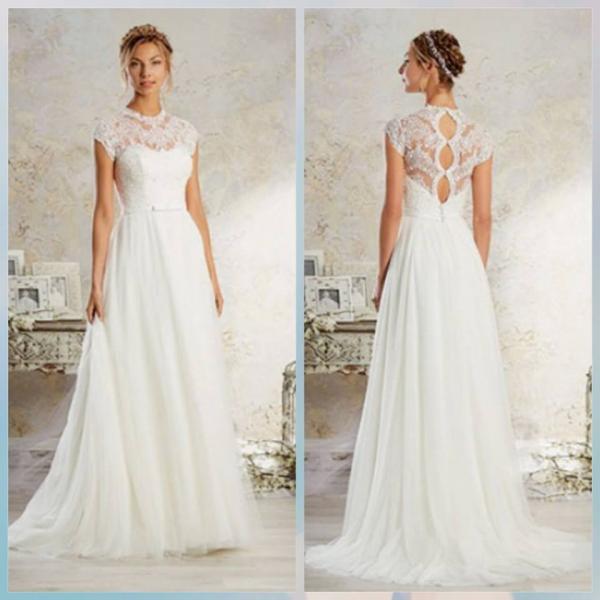 Wedding gown with capped sleeves and open lace back