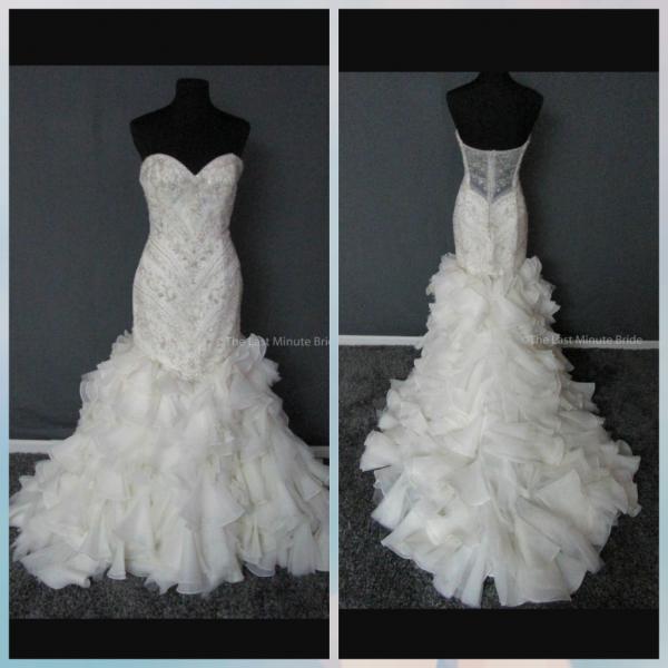 Strapless wedding gown with ruffled skirt