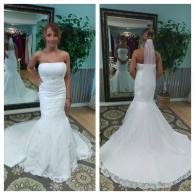 Strapless lace wedding gown with train