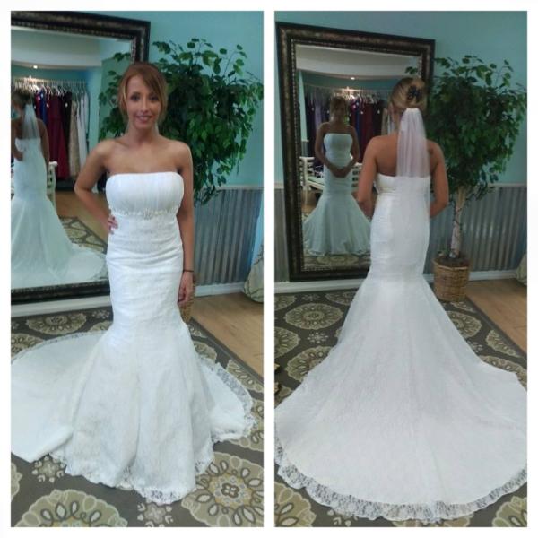 Strapless lace wedding gown with train